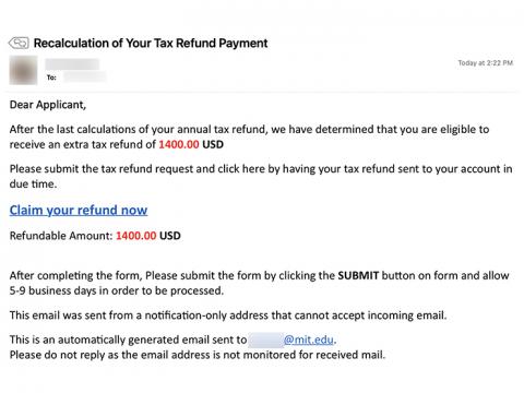 Screenshot of an email with the subject "Recalculation of Your Tax Refund Statement"