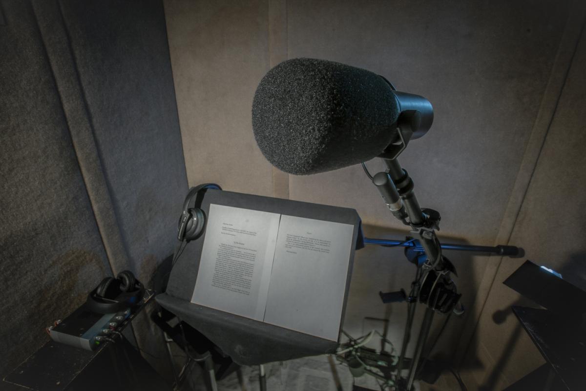 Closeup of microphone in audio production studio vocal booth