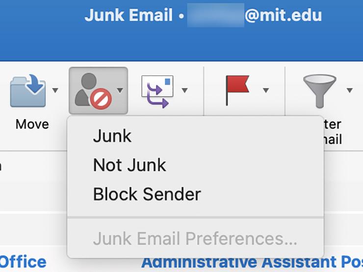 Screenshot of Outlook Junk Email folder with Junk dropdown expanded.