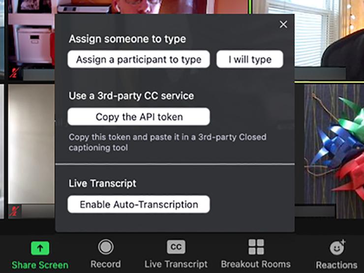 Screenshot of Zoom's Live Transcript popup window.